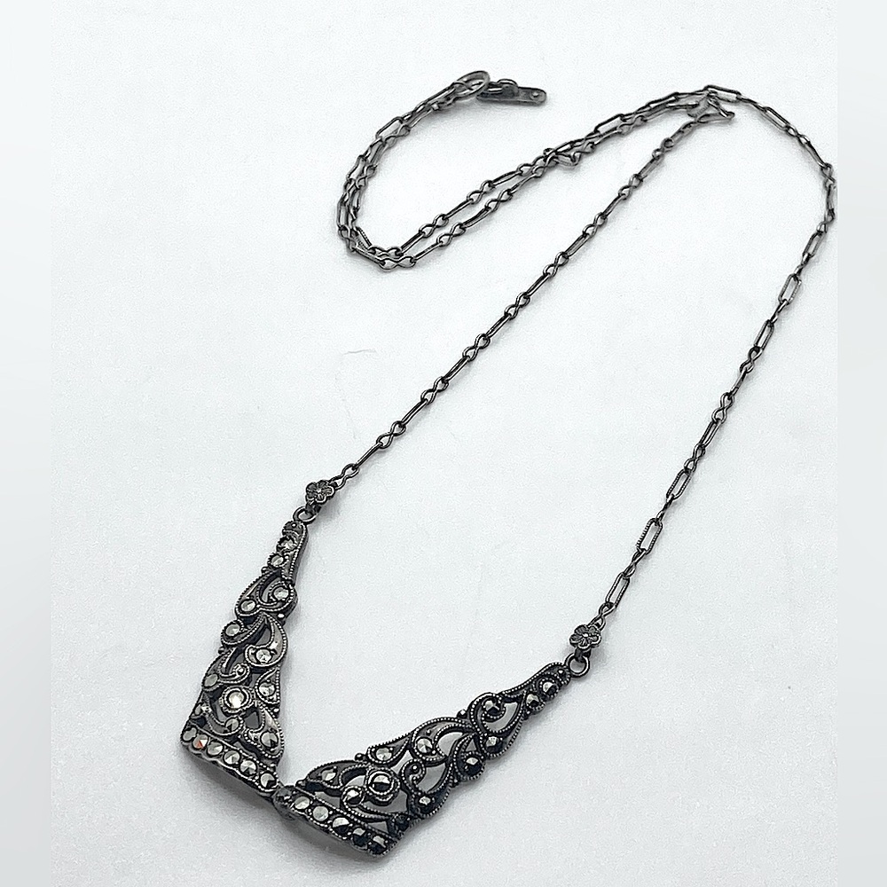 Antique 1920s Sterling Marcasite Floral Accent Chain Necklace | 17” Vtg Art Deco